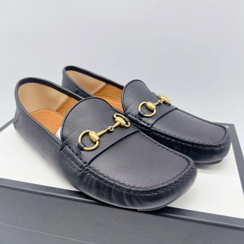 Gucci Hebron Horsebit Mens Driver Loafer Shoes Black Leather UK 9 US 9.5